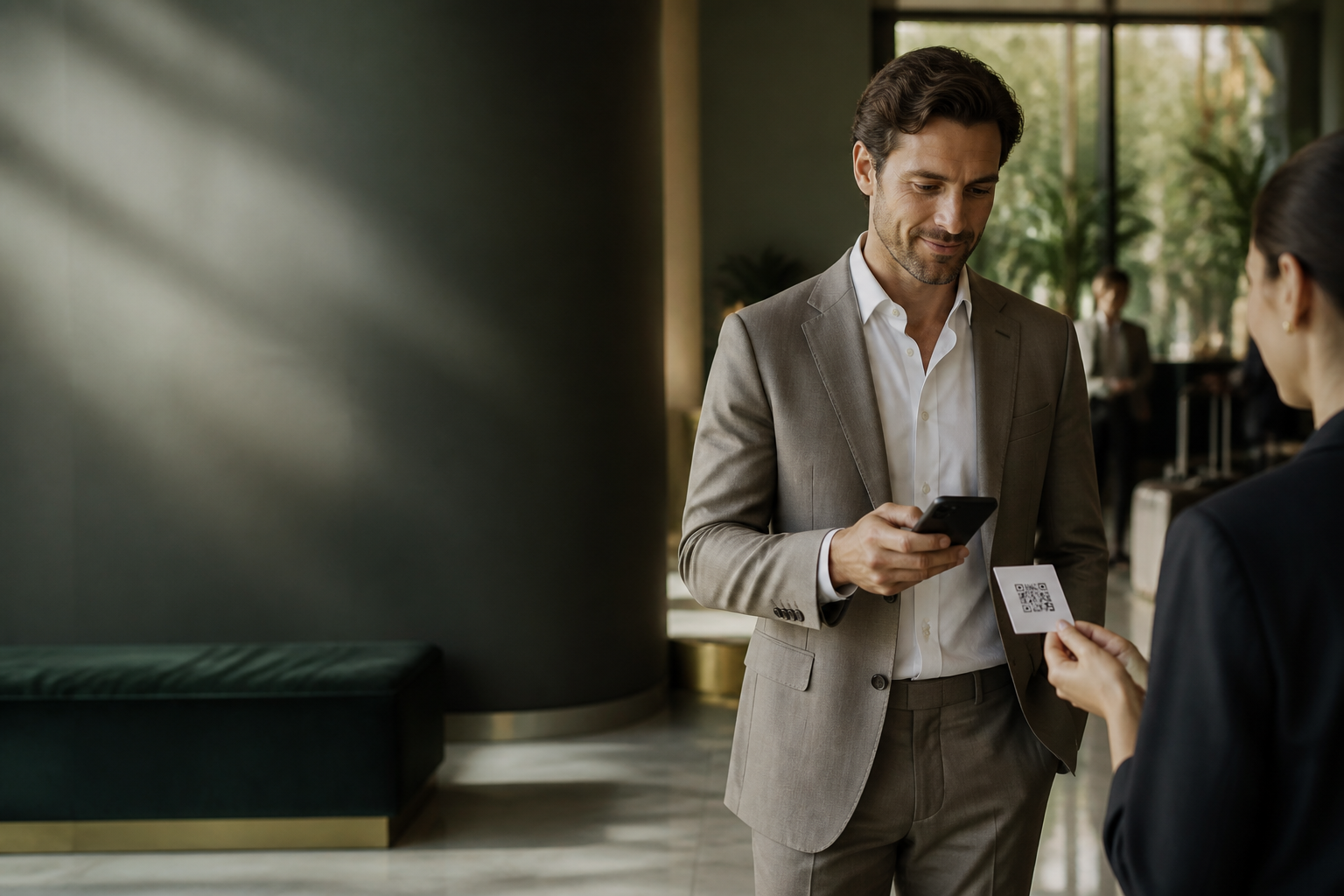 A professional using a phone to scan a QR code during a client interaction