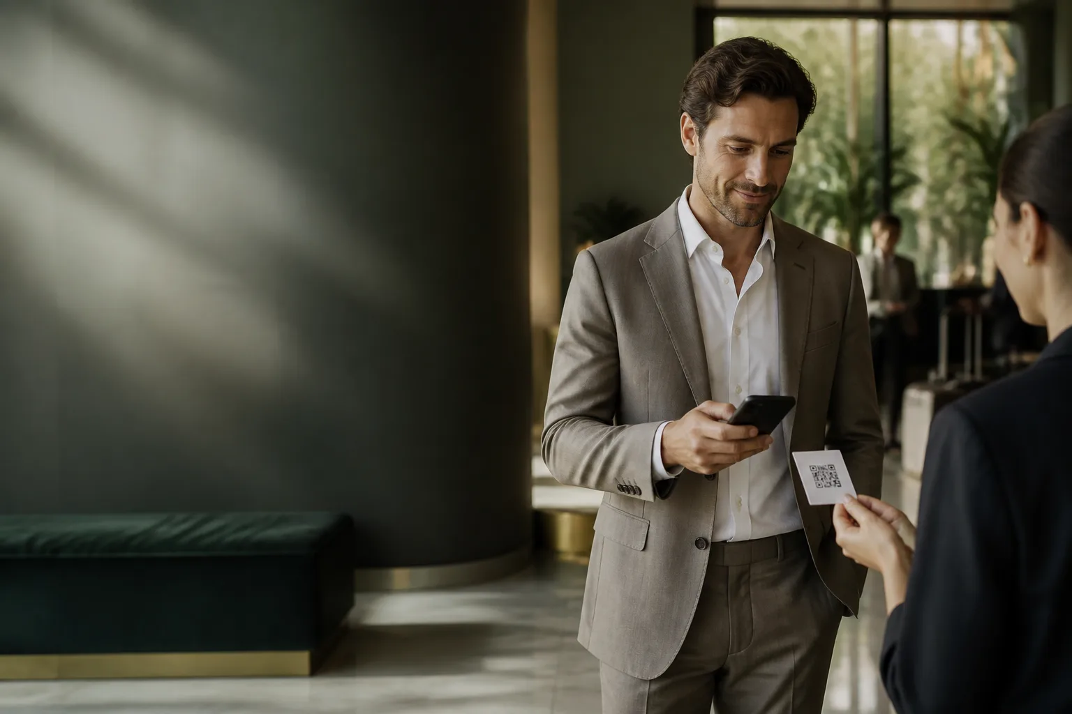 A professional using a phone to scan a QR code during a client interaction